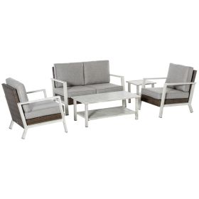 Patio Wicker Haven: 5-Piece PE Rattan Loveseat Set with Coffee & Side Tables, Beige | Tranquil Outdoor Retreat.