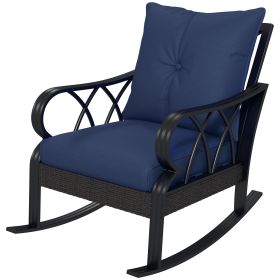 Nautical Rocking Chair, Outdoor Wicker Rattan, Blue Cushions, Porch Relaxation