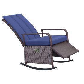Outdoor Rattan Chair Patio Recliner with with Soft Cushion, Adjustable Footrest, Blue