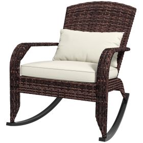 Adirondack Rocking Chair, Outdoor Wicker, High Back, Cream White Seat Cushion and Pillow, Porch and Balcony