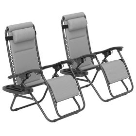 Zero Gravity Lounge Chair Set, 2 Pieces Reclining Folding Outdoor Lounge Chairs with Headrest Side Tray, Light Gray