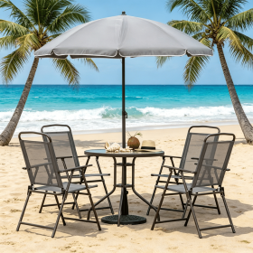 Gray 6 Piece Patio Dining Set for 4 with Umbrella round Glass Table And 4 Folding Chairs Garden Outdoor Furniture