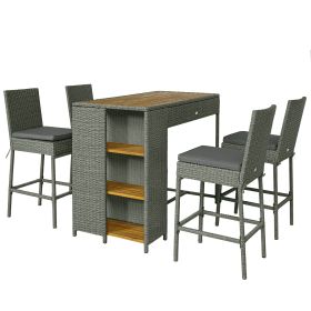5 Piece Wicker Outdoor Bar Set, Acacia Wood Outdoor High Top Table and Chairs with 3 Tier Shelves, Cushions, Gray