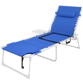 Tanning Chair with Face Hole and Side Table, 5-Position Folding Outdoor Chaise Lounge Chair, Navy Blue