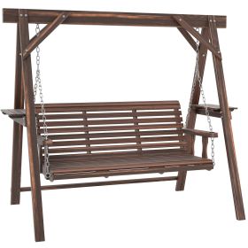 3 Seat Wooden Porch Swing with Stand, Patio Swing with Side Tables, for Garden, Poolside, Backyard, Carbonized Brown