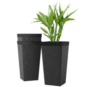 22.8 Inch Set of 3 Outdoor Planters with Stone Finish and Wheels, Stackable Tapered Planters with Drainage Hole, Black