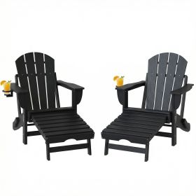 Folding Adirondack Chair Set of 2, HDPE Fire Pit Chair with Retractable Ottoman and Cup Holder, Black