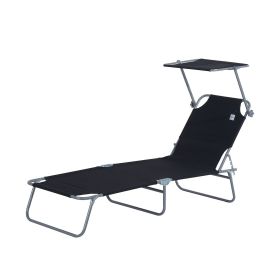 Outdoor Pool Chaise Lounge Chair, Folding Tanning Chair with Sun Shade, Black