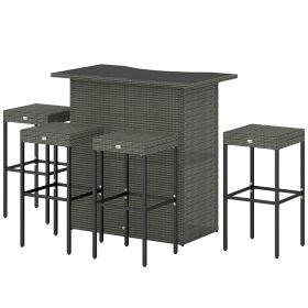 5 Piece Rattan Wicker Bar Set, High Top Outdoor Table and Chairs, Bar Height Patio Set, 2 Shelves & 4 Bar Stools, Gray