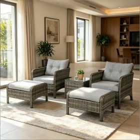 5-Piece Rattan Wicker Outdoor Patio Conversation Set Gray/Light Gray with Cushioned Chairs Ottomans And Tempered Glass Coffee Table