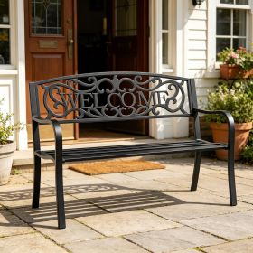 2-Person 50-Inch Garden Bench Loveseat with Cast Iron Decorative Welcome Vines Outdoor Patio Furniture for Backyard Porch Entryway