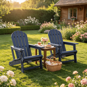 Set of 2 HDPE Adirondack Chairs with Cup Holder Wooden Texture for Patio Outdoor Garden Furniture