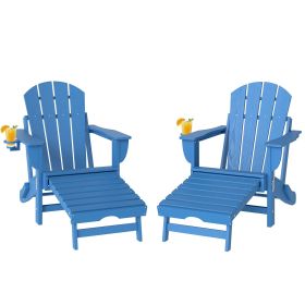 Folding Adirondack Chair Set of 2, HDPE Fire Pit Chair with Retractable Ottoman and Cup Holder, Blue