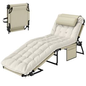 Folding Chaise Lounge Pool Chair with 4-level Reclining Back, Cushion, Side Pocket, Headrest, Beige