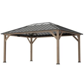 12' x 16' Hardtop Gazebo with Galvanized Steel Roof, UPF50+ Wood Permanent Pavilion with Clear Roof Top, Light Walnut