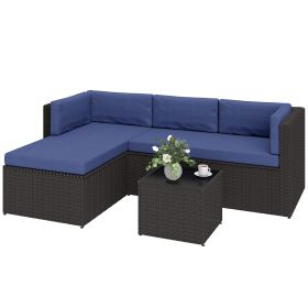 3 Piece Patio Furniture Set, Wicker Outdoor Patio Conversation Furniture Set with Cushions, Glass Top Table, Navy Blue