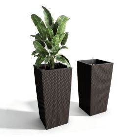 Pack of 2 Square Planter 22-Inch High Faux Rattan Design Flower Pot with Automatic Watering System for Porch Patio Backyard Makes Keeping Flowers Brow