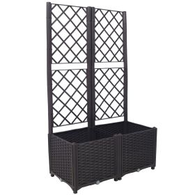 Poly Rattan Brown Trellis Raised Bed with Drainage Plug - 2 Removable Pots with Large Flower Boxes - Built-in Support for Climbing Plants - Outdoor Pa