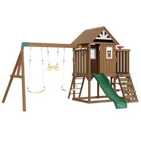 Wooden Swing Set, 9 IN 1 Outdoor Playground Sets for Backyards, 2 Swings, Trapeze Bar, 6 FT Slide, Large Upper Fort with Kitchen Toys