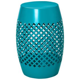 12.5" Steel Outdoor Side Table, Round Hollow Drum Patio End Table, Accent Table for Indoor and Outdoor, Blue