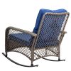 Rattan rocking chair with sparse backrest, grey rattan and blue cushion