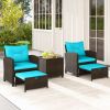 5 Pieces Patio Rattan Furniture with 2 Ottomans and Tempered Glass Coffee Table