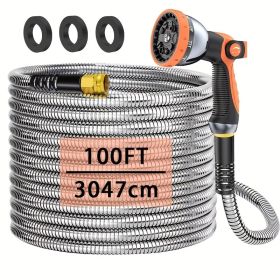 100FT Heavy Duty 304 Stainless Steel Garden Hose with 10-Pattern Spray Nozzle, Flexible Kink-Free Metal Water Hose with Brass Fittings for Lawn, Patio (Color: Orange)