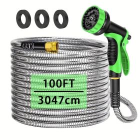 100FT Heavy Duty 304 Stainless Steel Garden Hose with 10-Pattern Spray Nozzle, Flexible Kink-Free Metal Water Hose with Brass Fittings for Lawn, Patio (Color: Green)