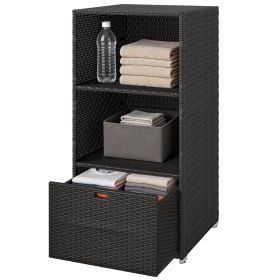 Valet Pool Towel Rack, Water-Resistant PE Plastic Rattan Wicker Storage Organizer, 2 Shelves, 1 Basket Drawer (Color: Brown)