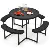 Round Picnic Table Bench Set with 4 Benches and Umbrella Hole for Patio Lawn