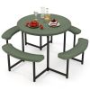 Round Picnic Table Bench Set with 4 Benches and Umbrella Hole for Patio Lawn