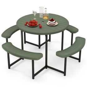 Round Picnic Table Bench Set with 4 Benches and Umbrella Hole for Patio Lawn (Color: Green)