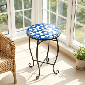 Floral Clover Blooming Lotus Bright Sunflower Mosaic 14" Patio Accent Coffee End Table - Outdoor Decorative Side Table (Color: Blue & Black)