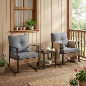 Yellow Pattern Rattan 3-Piece Set with 2 rocking chairs and 1 matching coffee table, delicate hand-woven rattan, comfortable structure (Color: Gray)