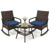 3-Piece PE Wicker Patio Rocking Chair Set, Ergonomic Rocking Bistro Set with 2-Tier Side Table & Removable Cushions