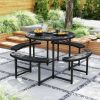 Round Picnic Table Bench Set with 4 Benches and Umbrella Hole for Patio Lawn