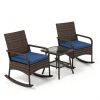 3-Piece PE Wicker Patio Rocking Chair Set, Ergonomic Rocking Bistro Set with 2-Tier Side Table & Removable Cushions